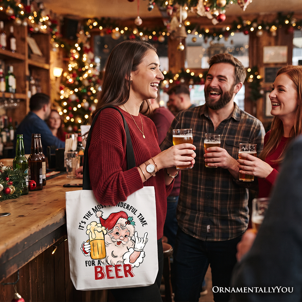 Santa Beer Christmas Tote Bag, It’s The Most Wonderful Time Funny Holiday Gift Shopper for Festive Drinkers