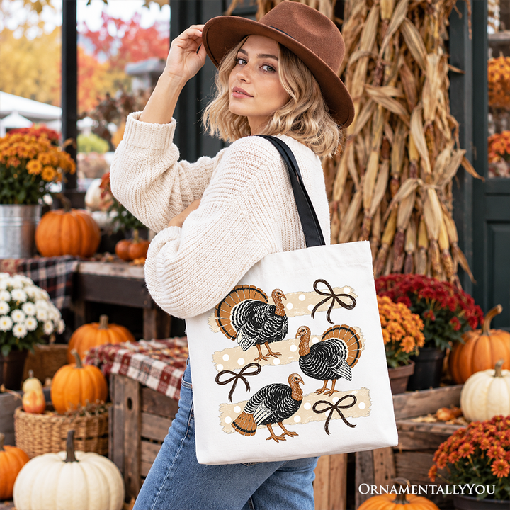 Turkey Bow Thanksgiving Tote Bag, Coquette Fall Gift Shopper