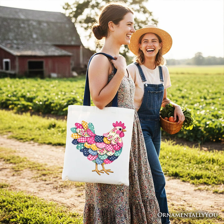 Floral Chicken Printed Faux Patchwork Tote Bag, Coquette Hen Farmhouse Gift Shopper Tote Bag OrnamentallyYou 