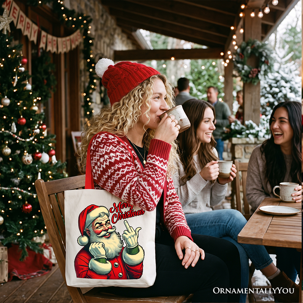 Santa Middle Finger Christmas Tote Bag, Vintage Funny Gift Shopper for Naughty Holiday Humor