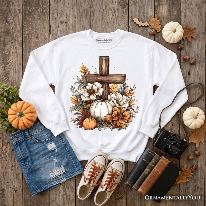 Christian Floral Pumpkin Cross Sweatshirt, Boho Religious Fall Sweater