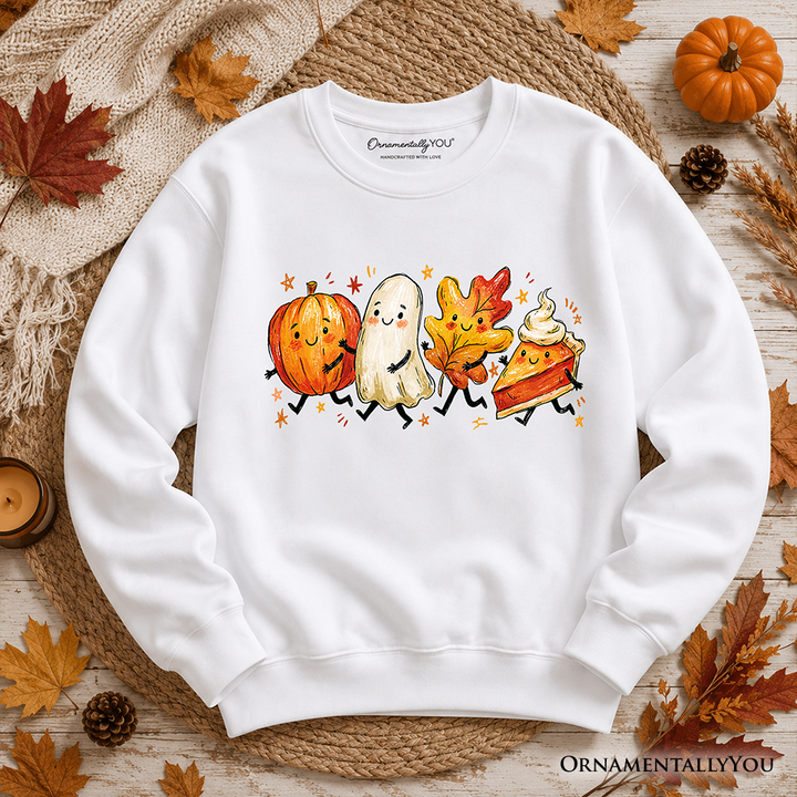 Cute Fall Characters Sweatshirt, Pumpkin Ghost Leaf Pie Autumn Sweater