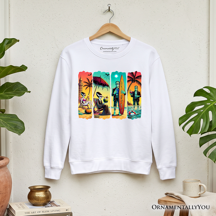 Frankenstein's Beach Vacation Sweatshirt, Retro Neon Surf Style Sweater for Horror Fans with Summer Vibes