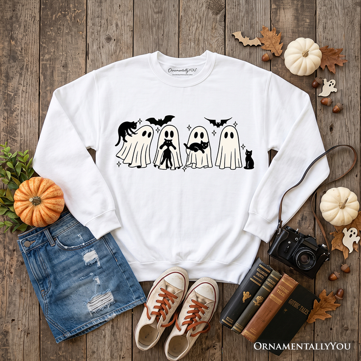 Ghosts and Cats Spooky Sweatshirt, Whimsical Halloween Sweater for Cozy Autumn Season