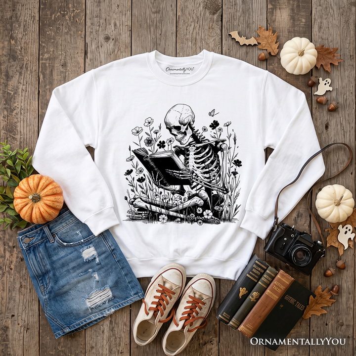 Gothic Reading Skeleton Sweatshirt, Floral Halloween Sweater for Spooky Bookworms