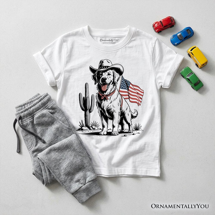 Kids American Cowboy Dog T-Shirt, Western Youth 4th of July Tee for Pet Lovers Kid's T-Shirts OrnamentallyYou White XS 