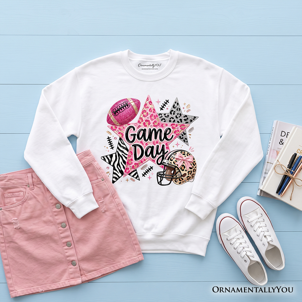 Leopard Pink Stars Football Sweatshirt, Coquette Game Day Sweater