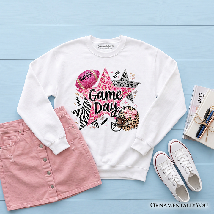 Leopard Pink Stars Football Sweatshirt, Coquette Game Day Sweater