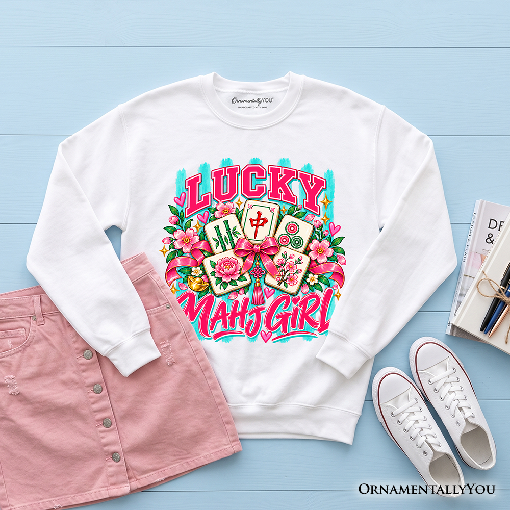 Lucky Mahjong Girl Sweatshirt, Colorful Floral Mahjong Tile Game Sweater