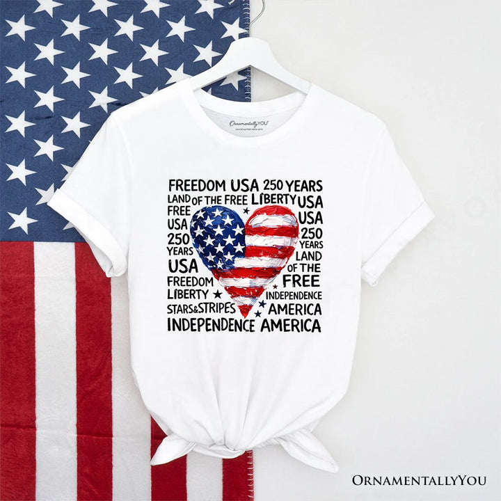USA 250 Heart Patriotic T-Shirt, Retro 4th of July Tee T-Shirts OrnamentallyYou White XS 