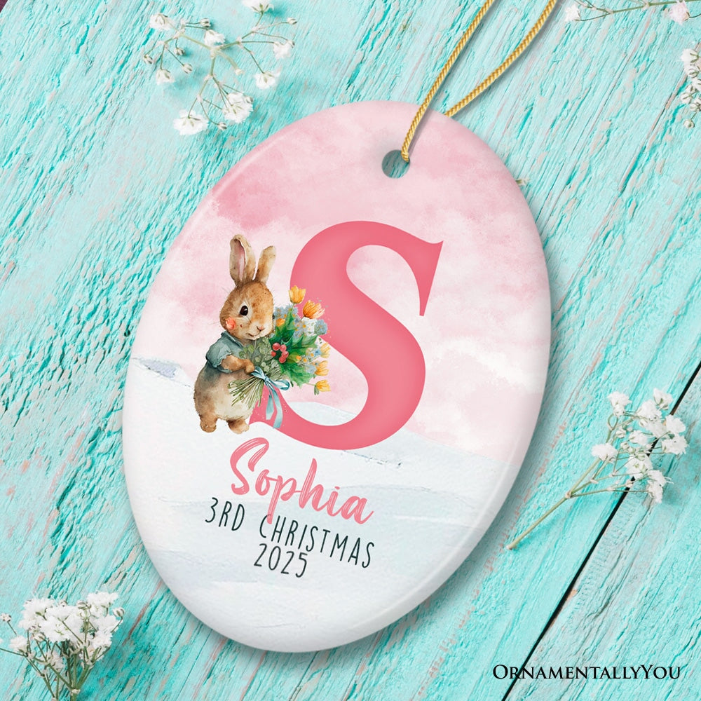 Cute Bunny Rabbit Child Personalized Christmas Monogram Ornament Ceramic Ornament OrnamentallyYou Oval 