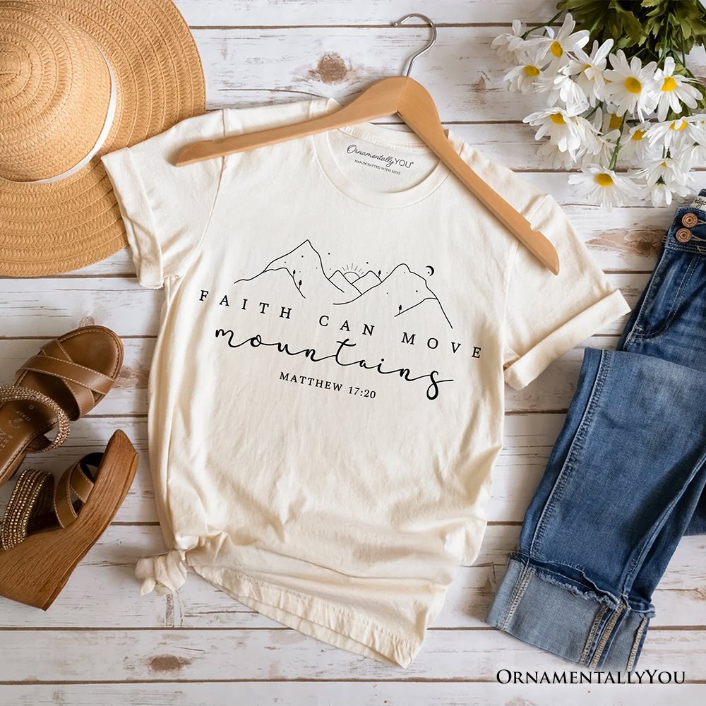 Faith Can Move Mountains Matthew 17:20 Christian T-Shirt, Minimalist Mountain Religious Tee T-Shirts OrnamentallyYou Natural XS 
