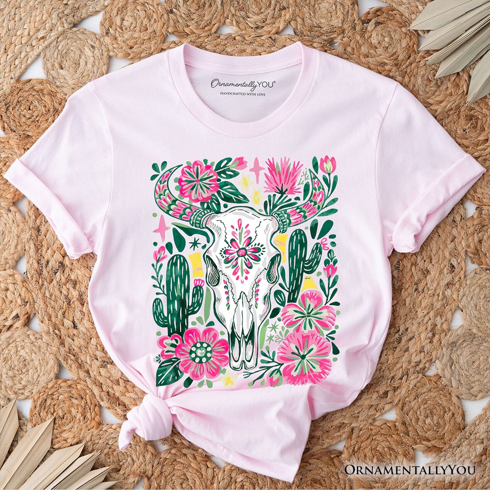 Western Floral Cow Skull T-Shirt, Boho Cowgirl Wildflower Cactus Tee T-Shirts OrnamentallyYou Soft Pink XS 