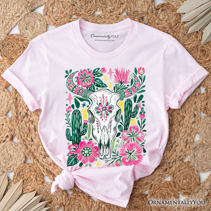 Western Floral Cow Skull T-Shirt, Boho Cowgirl Wildflower Cactus Tee T-Shirts OrnamentallyYou Soft Pink XS 