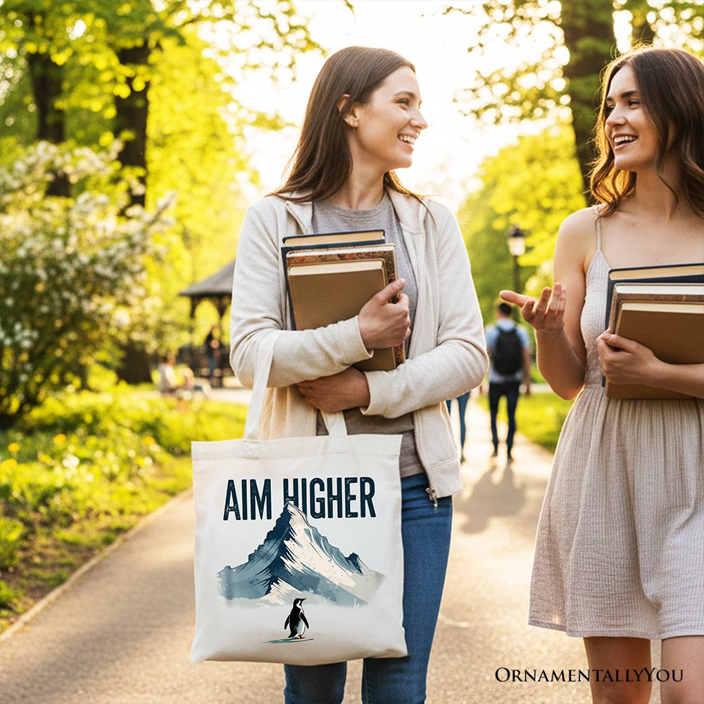 Aim Higher Penguin Tote Bag, Vintage Mountain Motivational Quote Gift Shopper Tote Bag OrnamentallyYou 