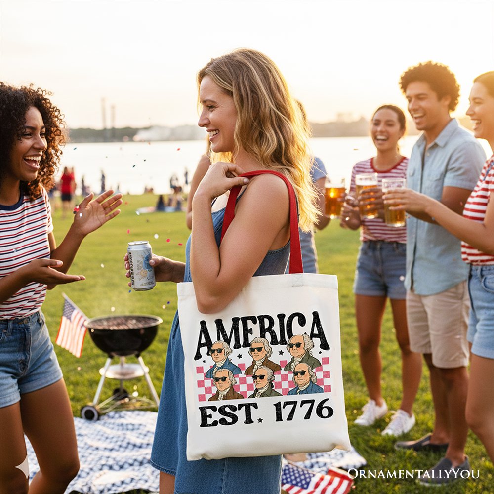 America Est 1776 Founding Fathers Vintage Canvas Tote Bag, Retro Patriotic Gift Shopper Tote Bag OrnamentallyYou 