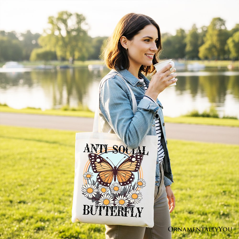 Anti Social Butterfly Canvas Tote Bag, Retro Gift Shopper for Quirky and Independent Women Tote Bag OrnamentallyYou 