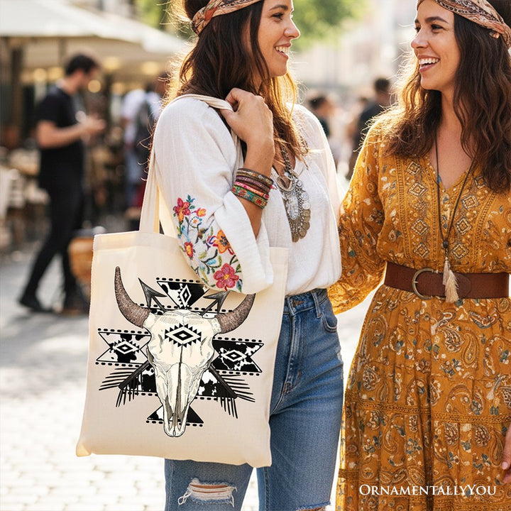 Aztec Tribal Bull Skull Canvas Tote Bag, Western Boho Gift Shopper Tote Bag OrnamentallyYou 
