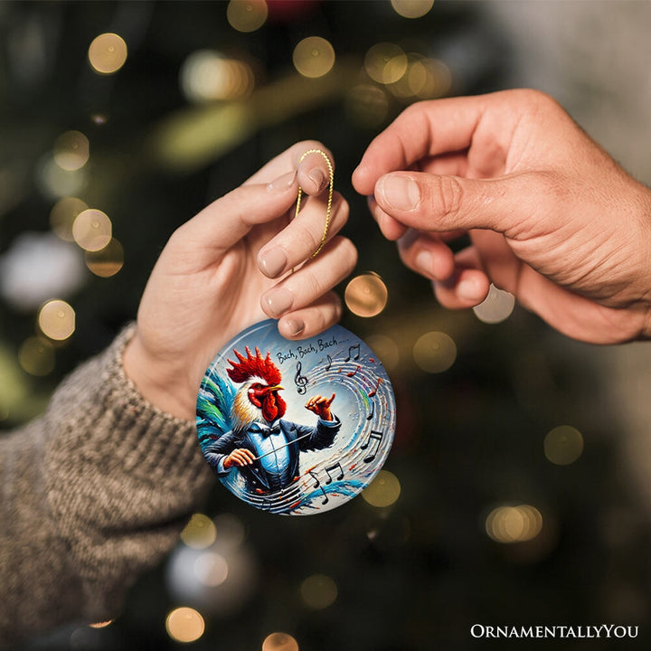 Bach Bach Bach Chicken Conductor Ornament, Playful Musical Christmas Decor Ceramic Ornament OrnamentallyYou 