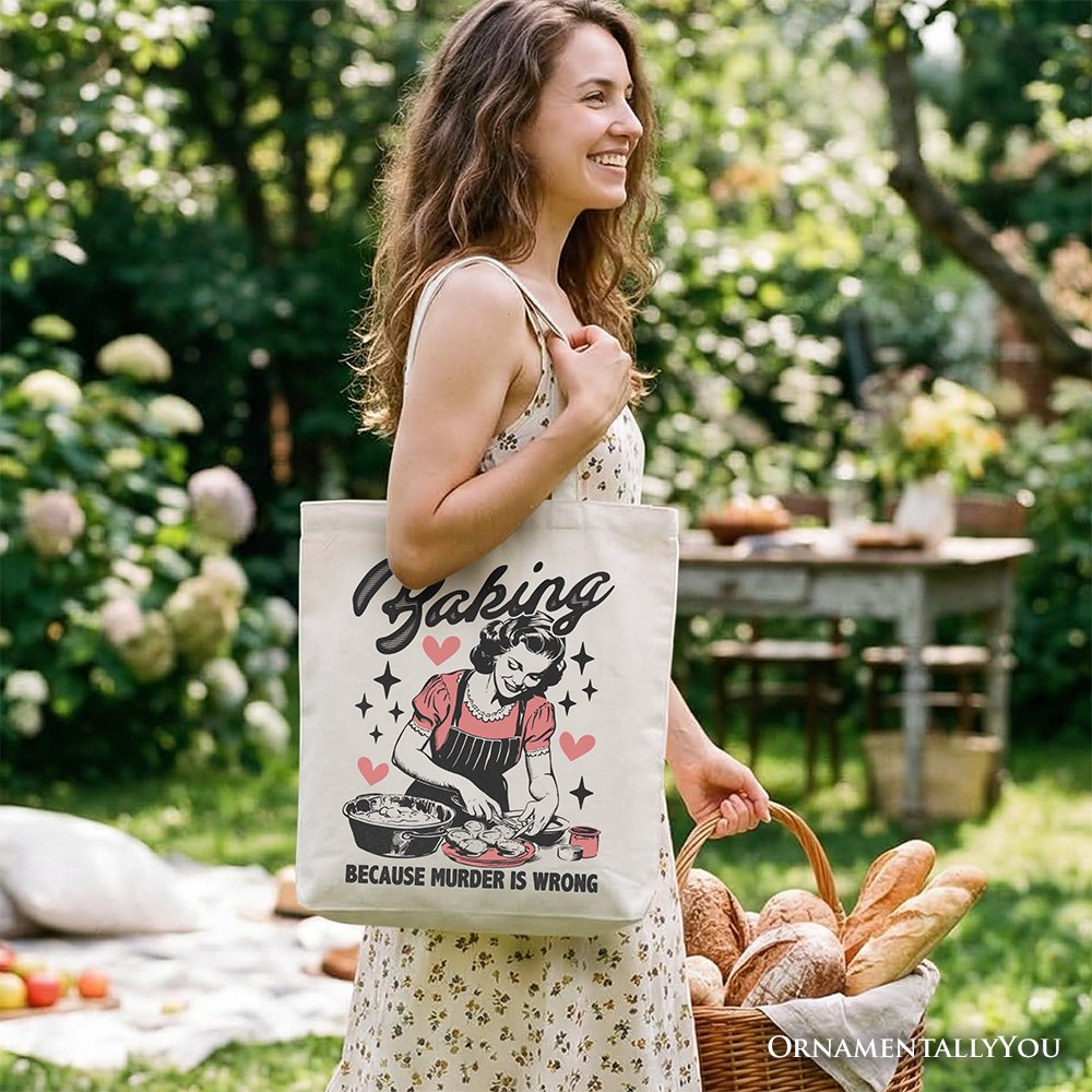 Baking Because Murder Is Wrong Anti-Valentine Tote Bag, Funny Retro Kitchen Gift Shopper Tote Bag OrnamentallyYou 