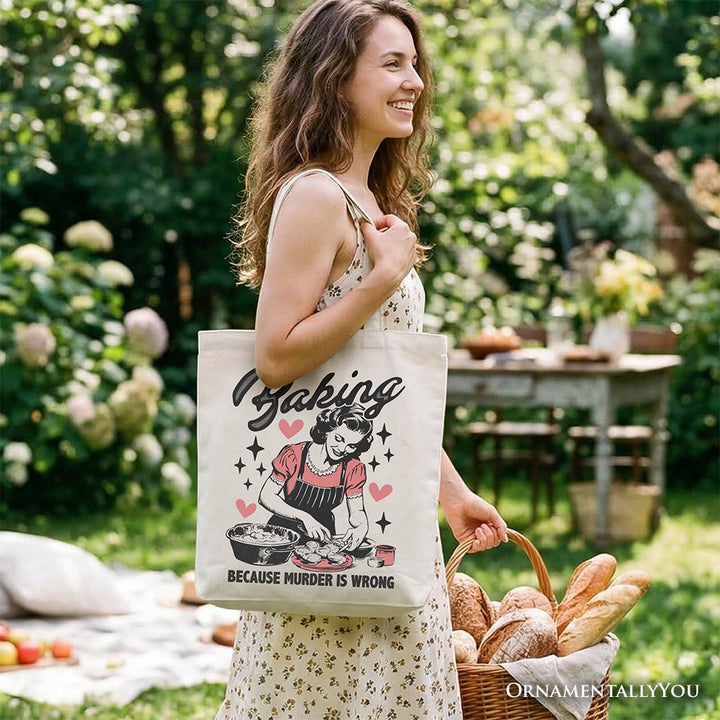 Baking Because Murder Is Wrong Anti-Valentine Tote Bag, Funny Retro Kitchen Gift Shopper Tote Bag OrnamentallyYou 