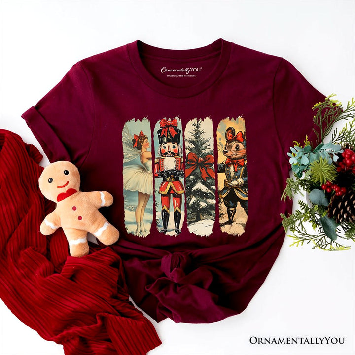 Ballet and Nutcracker Christmas T‑Shirt, Coquette Bow and Mouse Vintage Holiday Tee T-Shirts OrnamentallyYou Maroon XS 