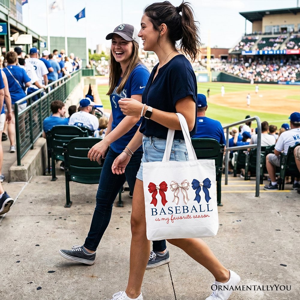 Baseball Is My Favorite Season Tote Bag, Coquette Bow Game Day Gift Shopper Tote Bag OrnamentallyYou 