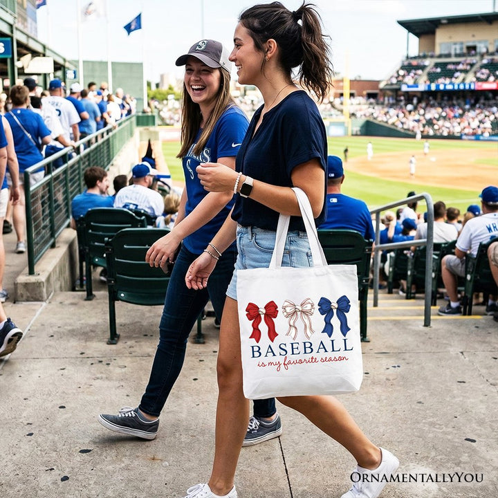 Baseball Is My Favorite Season Tote Bag, Coquette Bow Game Day Gift Shopper Tote Bag OrnamentallyYou 