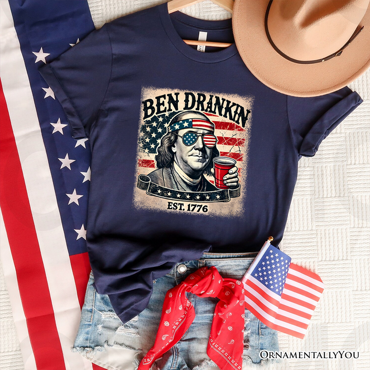 Ben Drankin Funny 4th of July T-Shirt, White, Navy and Black Patriotic Tee With Benjamin Franklin