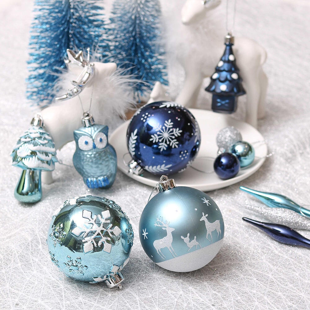 Blue and Silver Ornament Bundle Set, Owls and Glittery Winter Tree 80 Piece Set Ornament Bundle OrnamentallyYou 