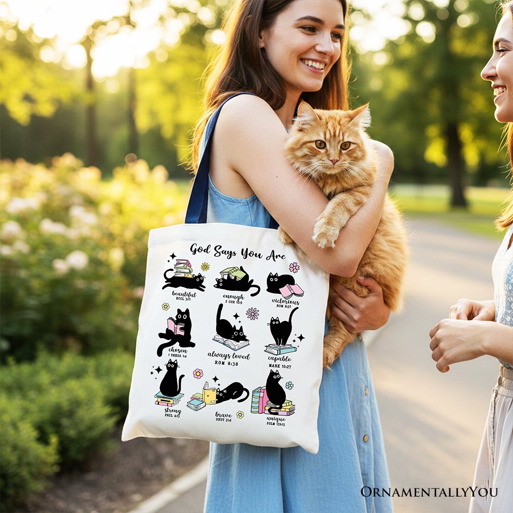 Book Cat God Says I Am Tote Bag, Christian Bible Verse Faith Gift Shopper Tote Bag OrnamentallyYou 