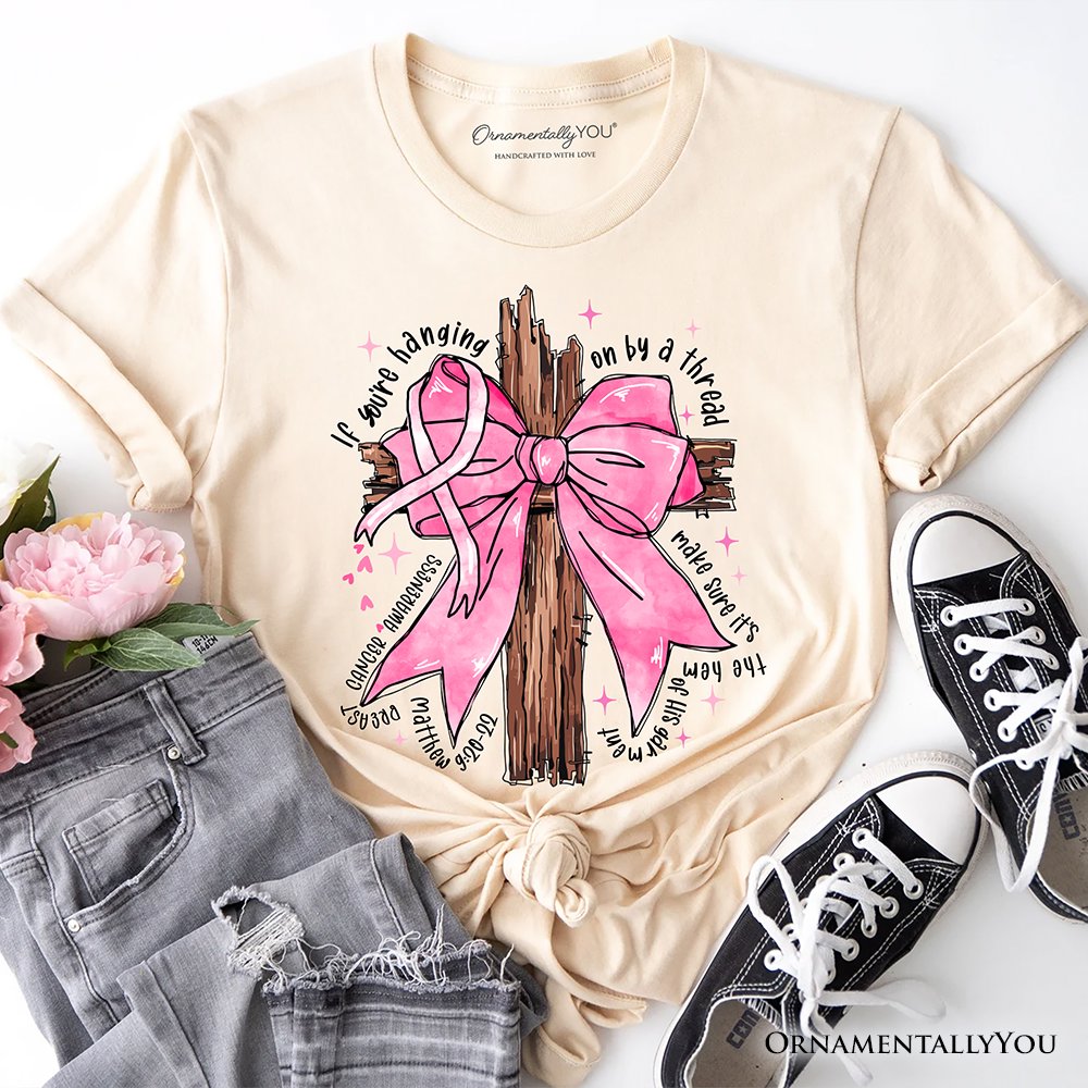 Breast Cancer Pink Bow Cross T-Shirt, Awareness Faith Christian Tee T-Shirts OrnamentallyYou Natural XS 
