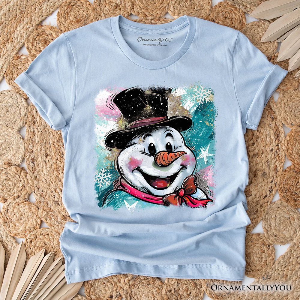 Brushstroke Cute Snowman T-Shirt, Preppy Merry Christmas Glitter Holiday Tee T-Shirts OrnamentallyYou Light Blue XS 