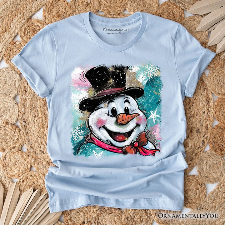 Brushstroke Cute Snowman T-Shirt, Preppy Merry Christmas Glitter Holiday Tee T-Shirts OrnamentallyYou Light Blue XS 