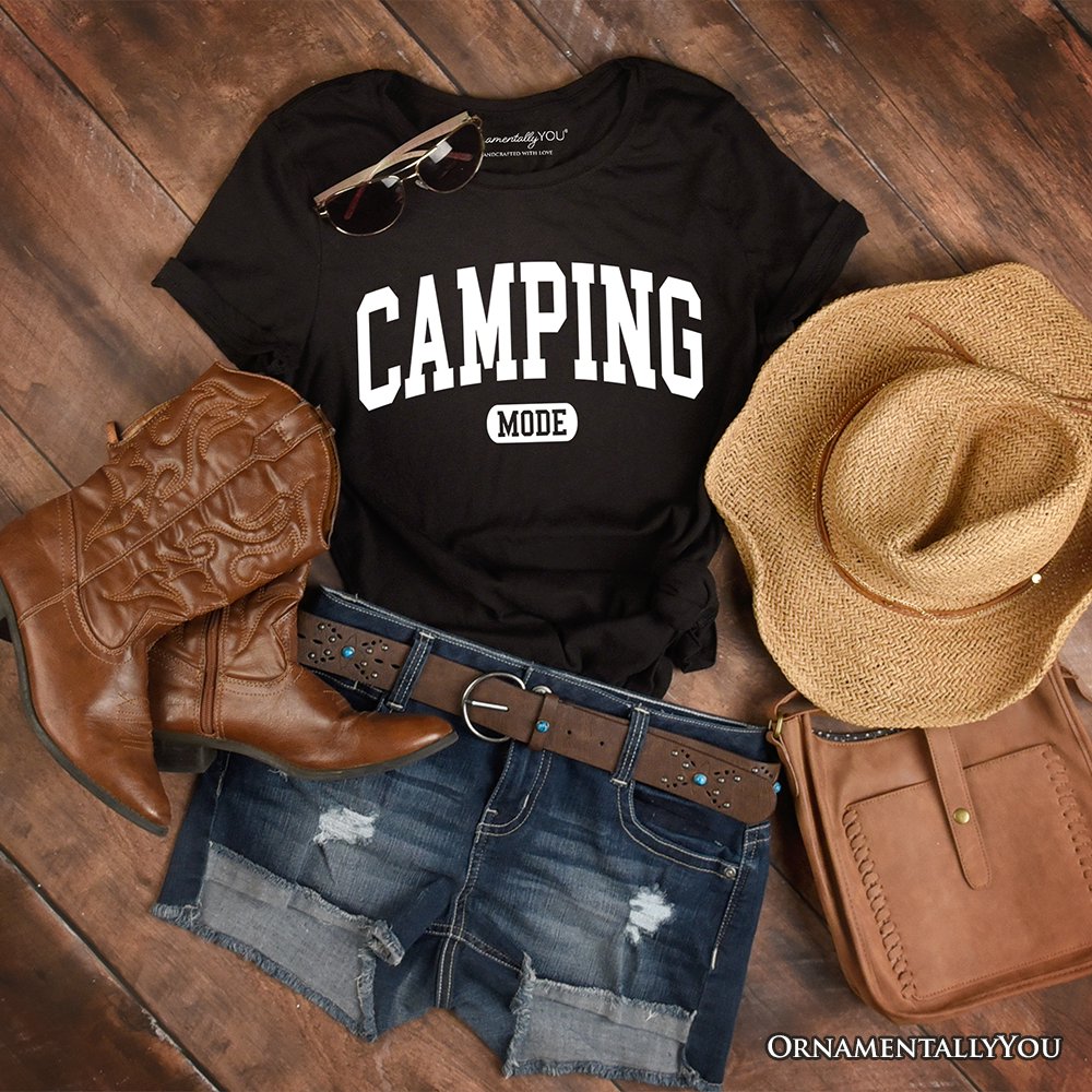 Camping Mode Varsity T-Shirt, Minimalist Outdoors Tee T-Shirts OrnamentallyYou Black XS 