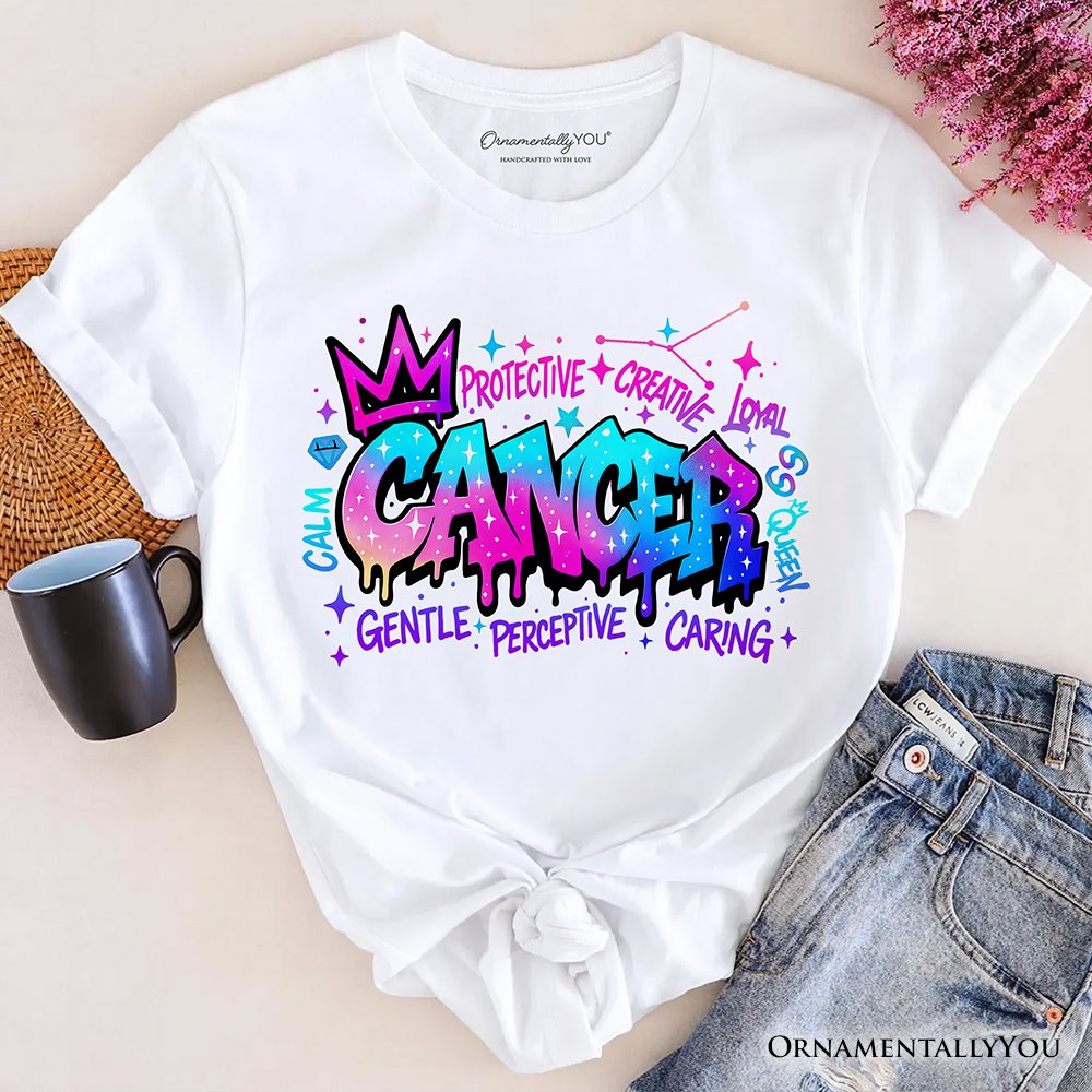 Cancer Graffiti Zodiac T-Shirt, Street Style Astrology Horoscope Tee T-Shirts OrnamentallyYou White XS 