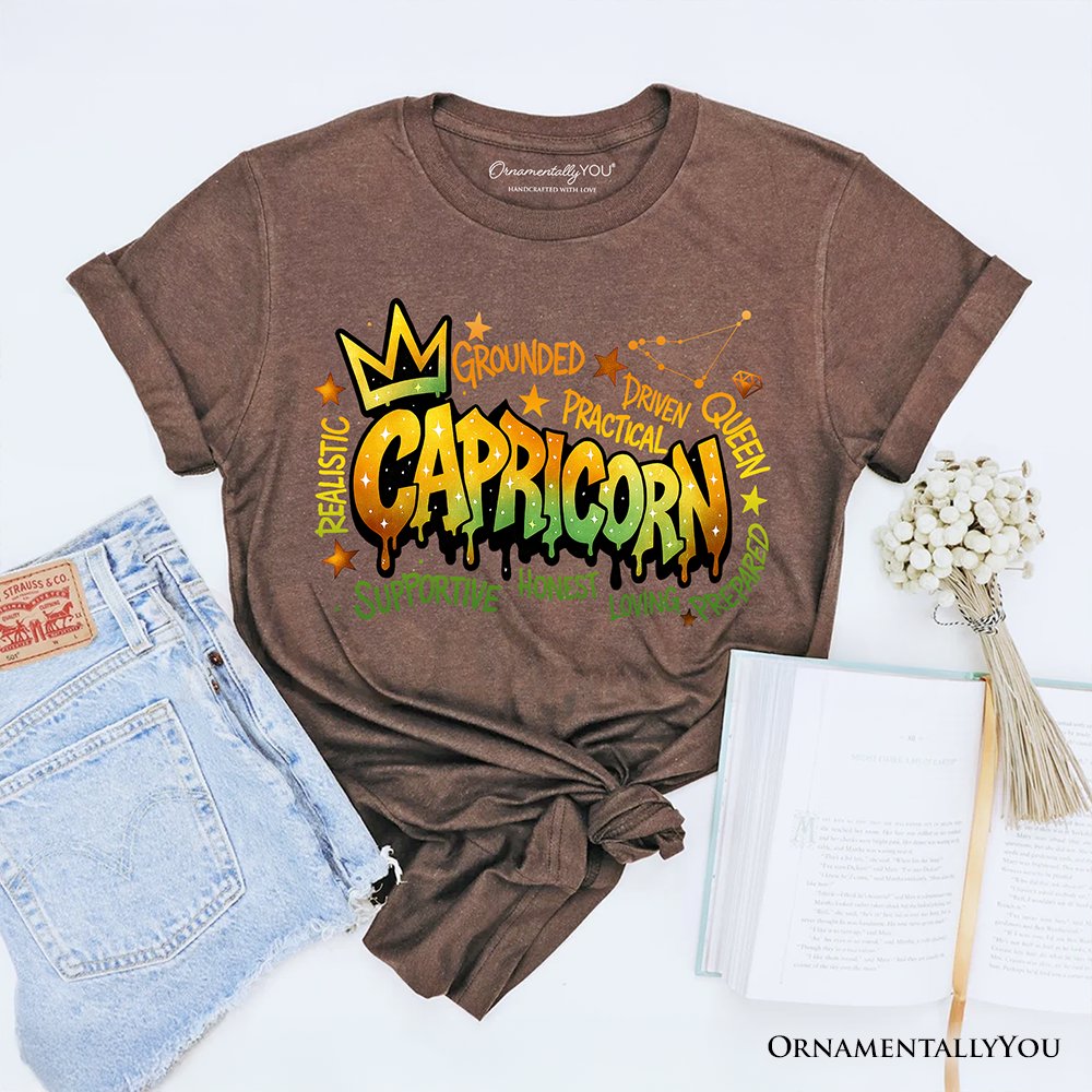 Capricorn Graffiti Zodiac T-Shirt, Street Style Astrology Horoscope Tee T-Shirts OrnamentallyYou Vintage Brown XS 