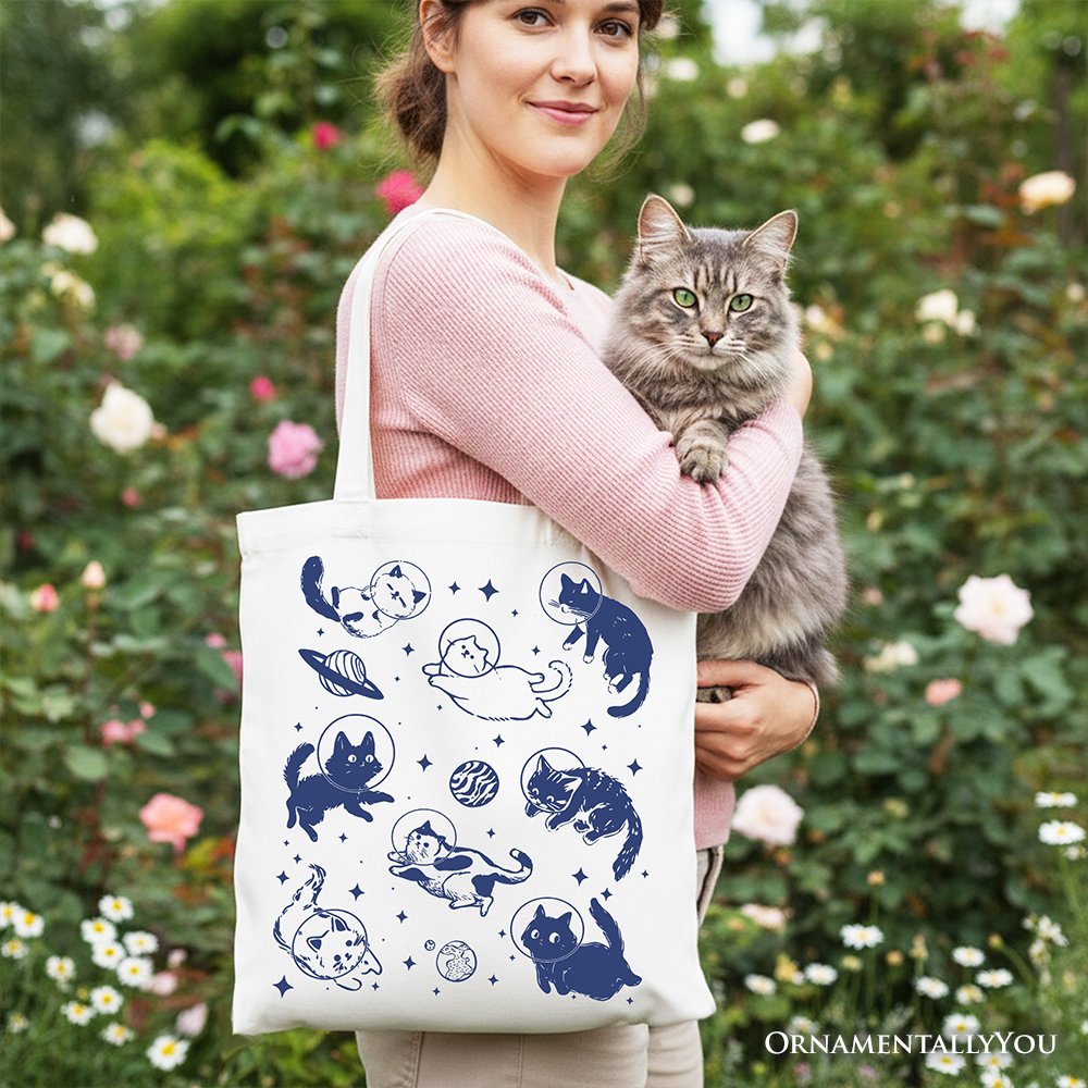 Cats in Space Retro Canvas Tote Bag, Funny Astronaut Kitty Gift Bag with Cosmic Vibes Tote Bag OrnamentallyYou 
