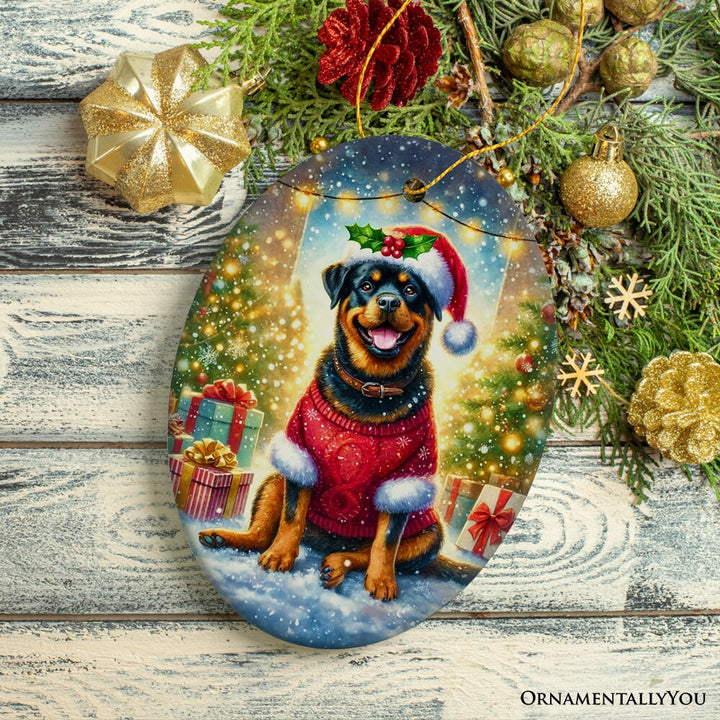 Charming Rottweiler in Festive Attire Ornament, Heartwarming Dog-Themed Christmas Gift Decor Ceramic Ornament OrnamentallyYou 