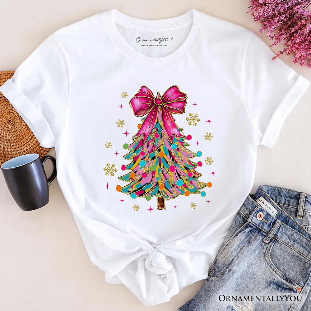 Colorful Glitter Christmas Tree Pink Bow T-Shirt, Pink Bow Coquette Holiday Tee