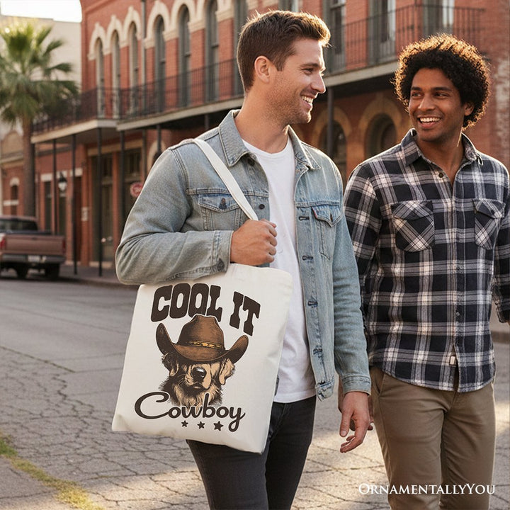 Cool It Cowboy Canvas Tote Bag With Western Dog, Retro Golden Retriever Gift Shopper for Country Lover Tote Bag OrnamentallyYou 