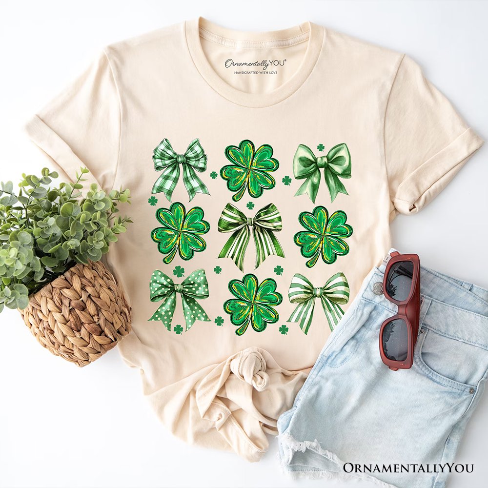 Coquette Clover Bows St Patrick’s Day T-Shirt, Green Irish Lucky Shamrock Tee T-Shirts OrnamentallyYou Natural XS 