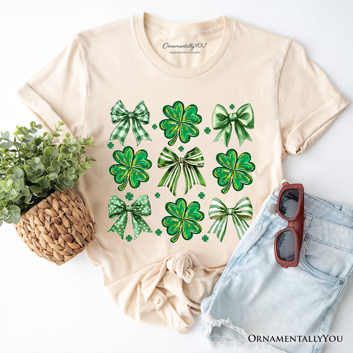 Coquette Clover Bows St Patrick’s Day T-Shirt, Green Irish Lucky Shamrock Tee