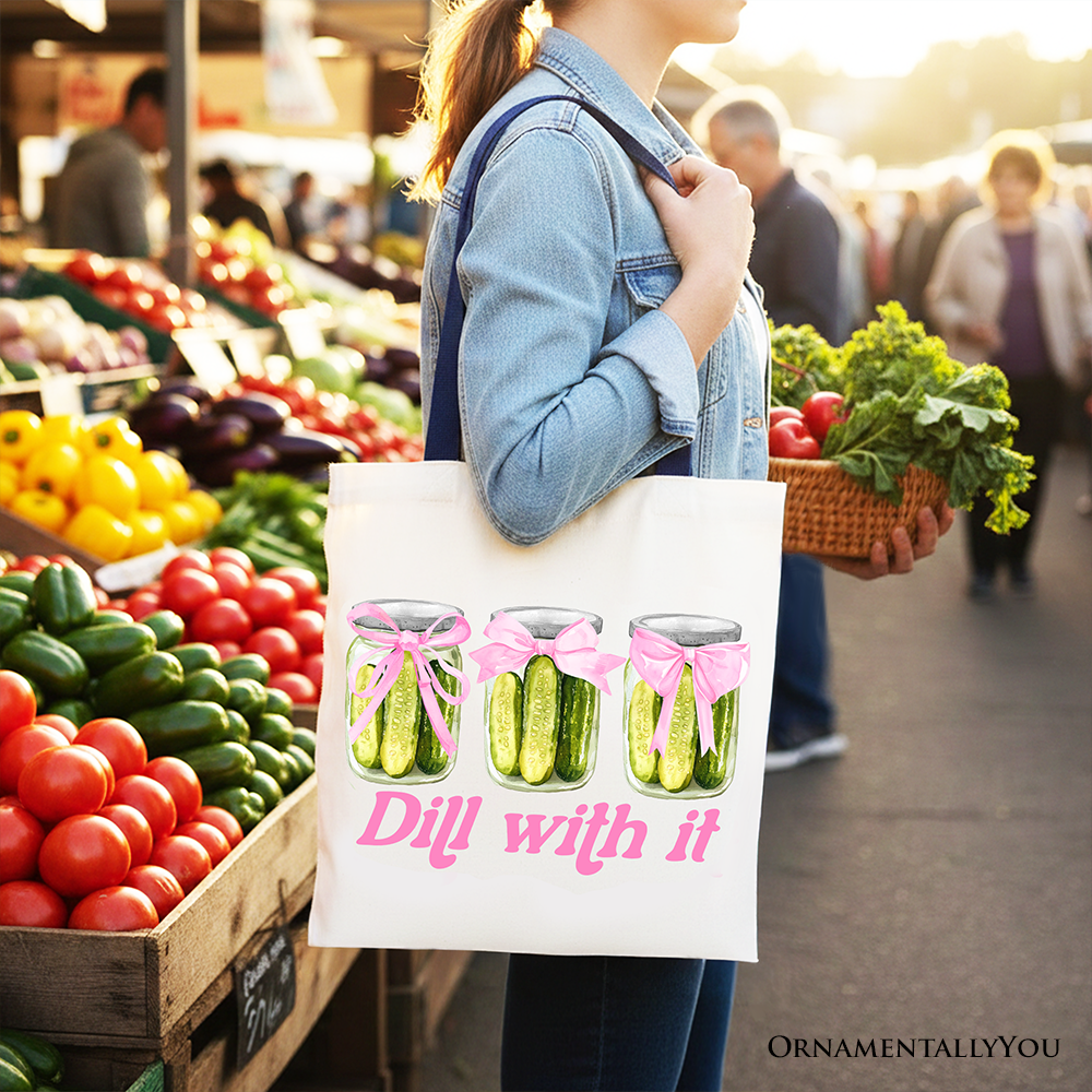 Coquette Dill With It Funny Canvas Tote Bag, Pink Bow Pickle Lover Gift Shopper for Cute and Quirky Style Fans