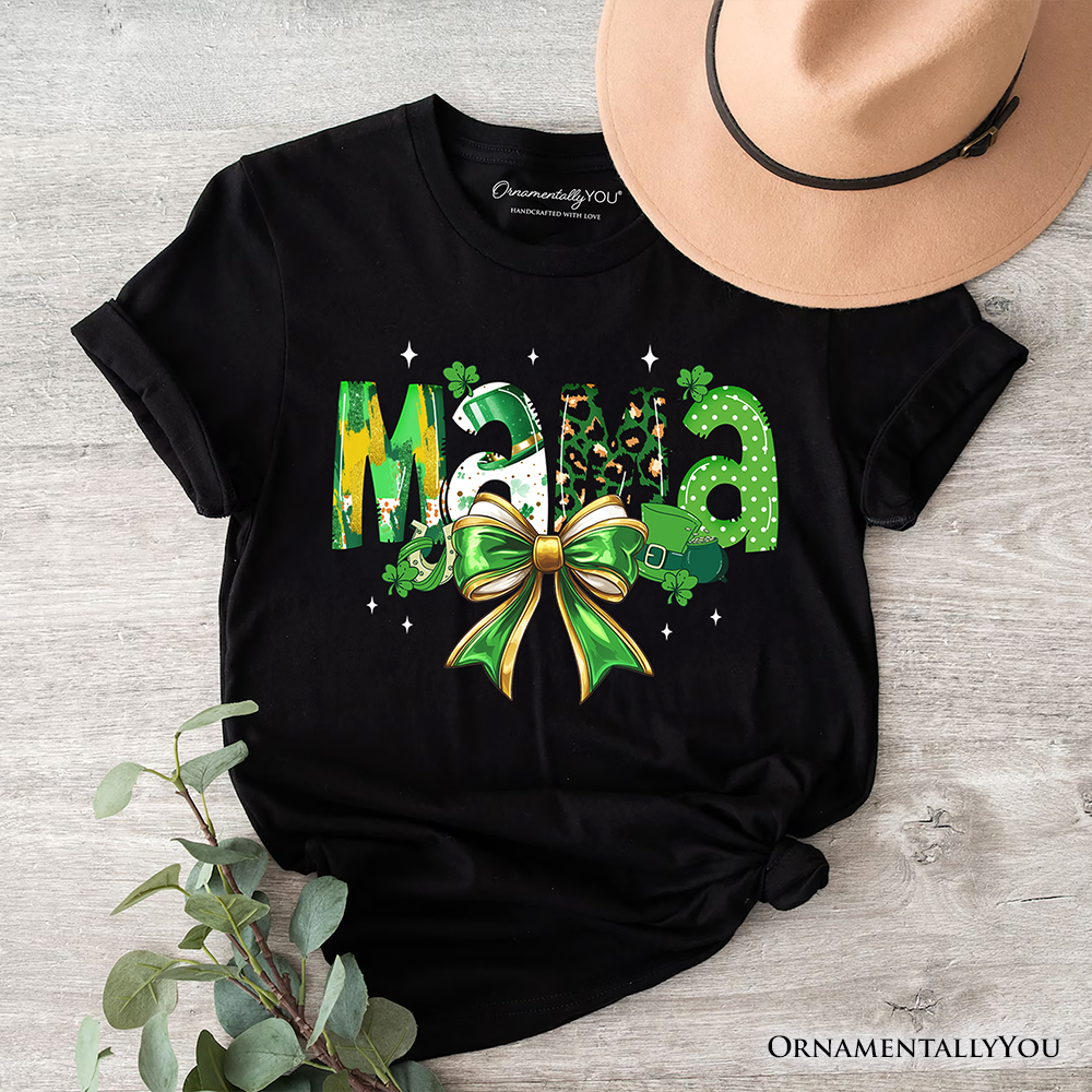 Coquette Mama Bow St Patrick’s Day T-Shirt, Green Lucky Shamrock Clover Tee