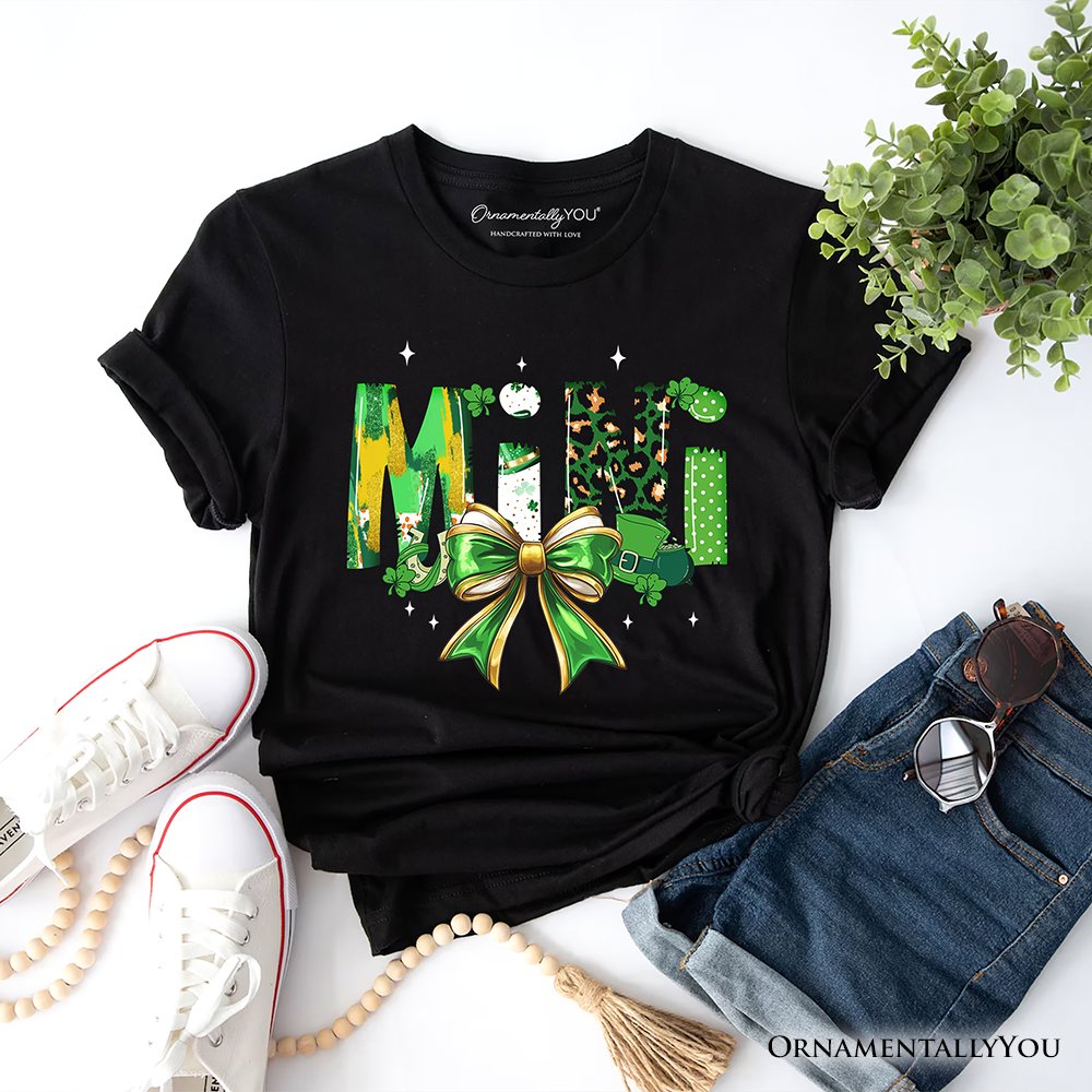 Coquette Mini Clover Bow St Patrick’s Day T-Shirt, Green Lucky Shamrock Clover Tee T-Shirts OrnamentallyYou Black XS 