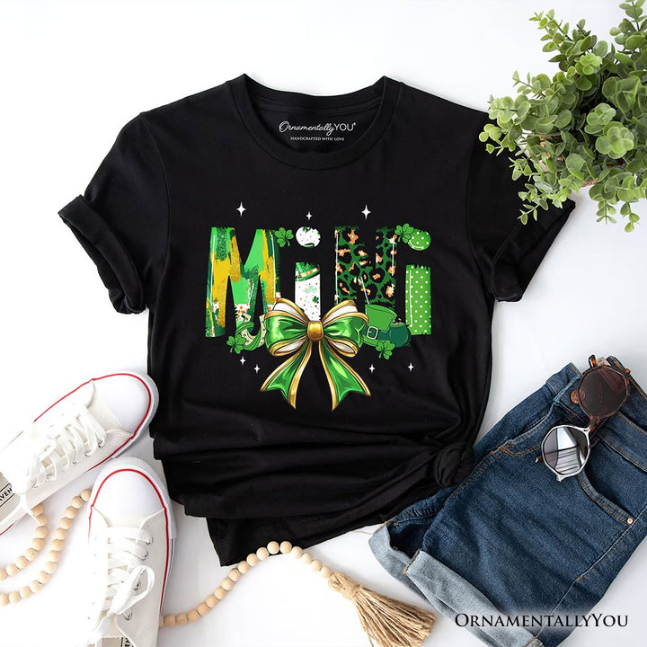 Coquette Mini Clover Bow St Patrick’s Day T-Shirt, Green Lucky Shamrock Clover Tee T-Shirts OrnamentallyYou Black XS 