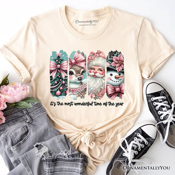 Coquette Pink Christmas T‑Shirt, It's The Most Wonderful Time Of The Year Vintage Tree, Reindeer, Santa and Snowman Tee T-Shirts OrnamentallyYou Natural XS 