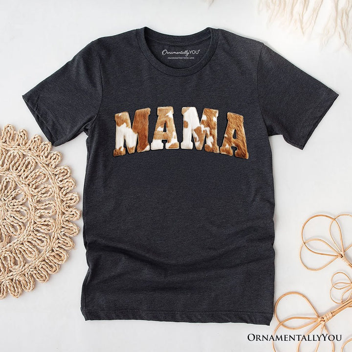 Cow Print Mama Western T-Shirt, Faux Cowhide Mom Tee T-Shirts OrnamentallyYou Dark Gray XS 