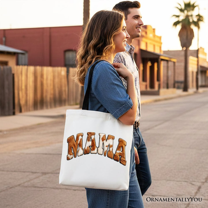 Cow Print Mama Western Tote Bag, Faux Cowhide Mom Gift Shopper Tote Bag OrnamentallyYou 